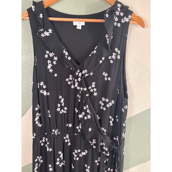 J. Jill Women's Size Large Black Floral Faux Wrap Ruffle Sleeveless Maxi Dress - Picture 9 of 13